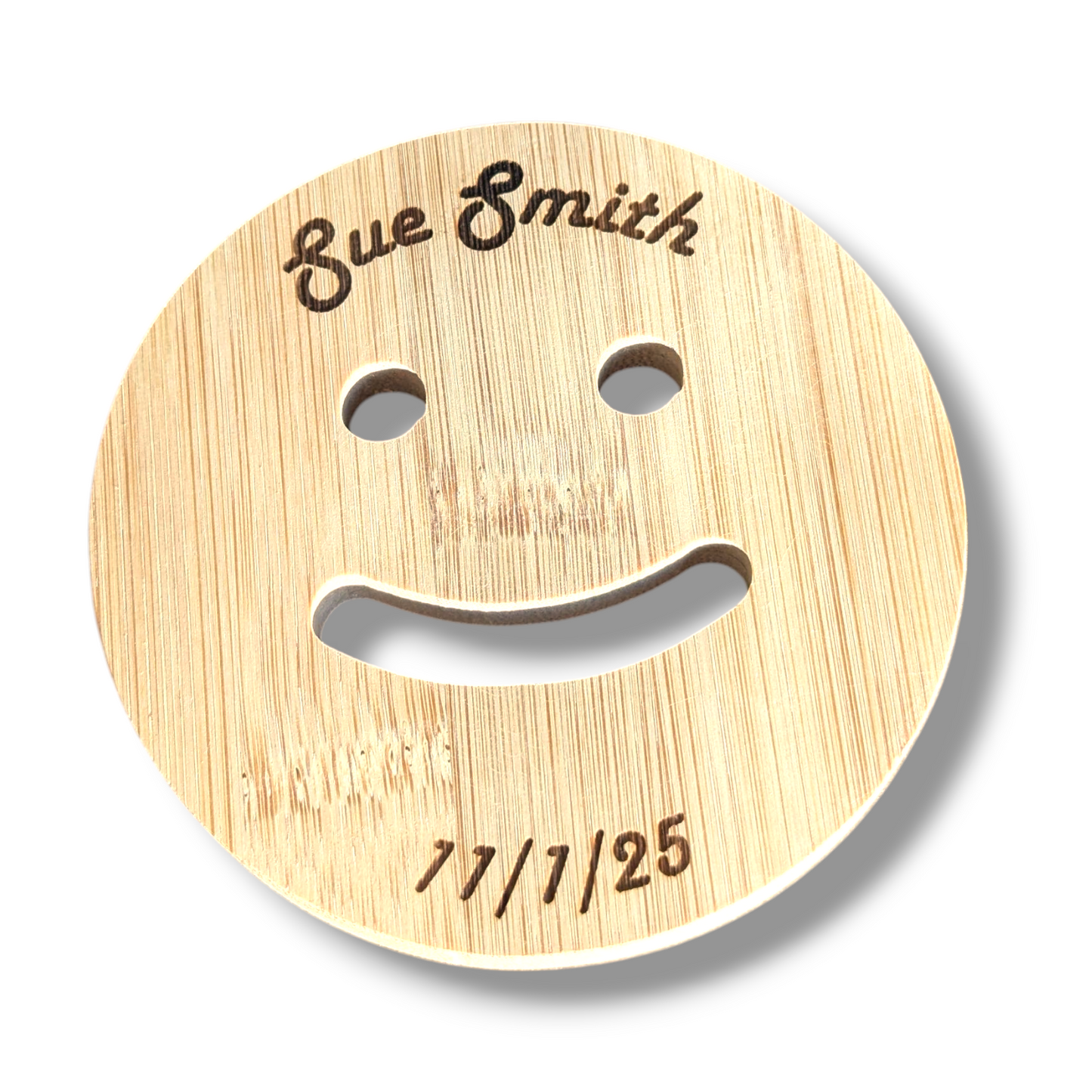 Bamboo Personalised Coaster with Name Engraving, Custom Smiley Face Design Coasters