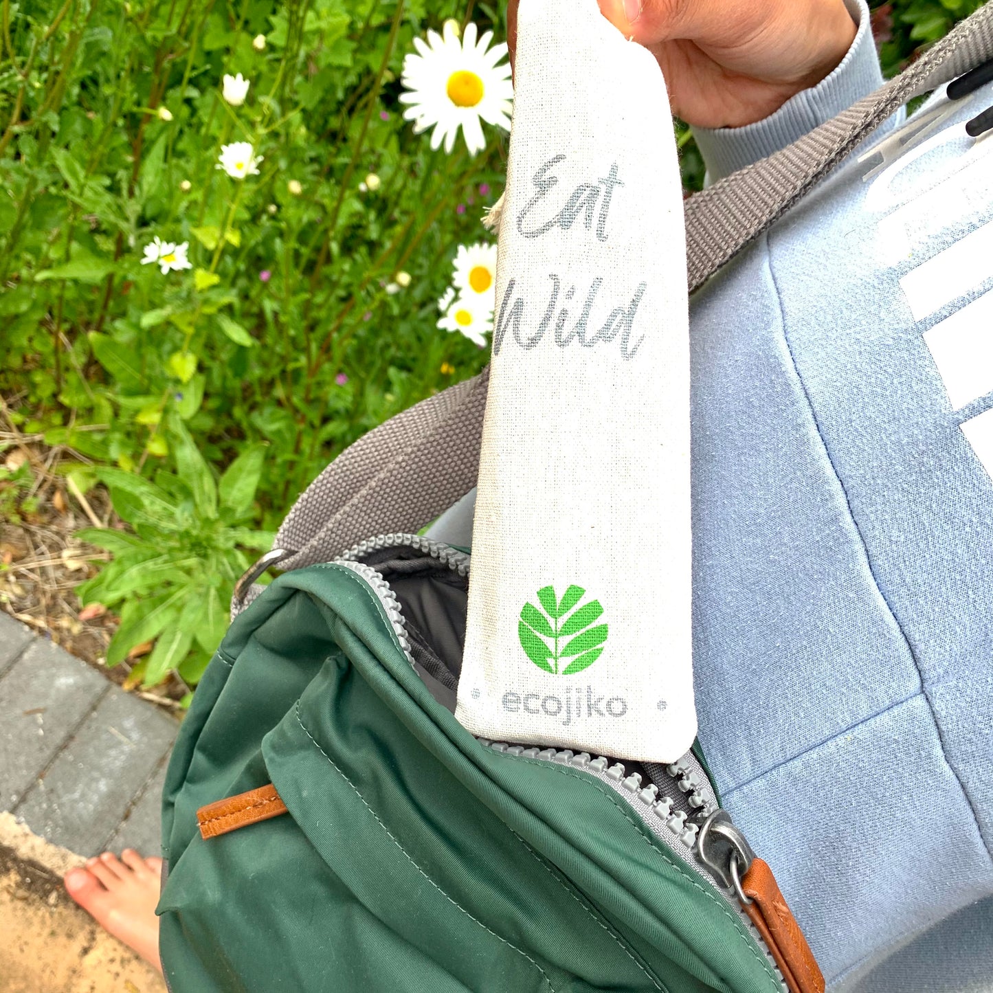 ecojiko Eat Wild reusable bamboo cutlery set in handbag