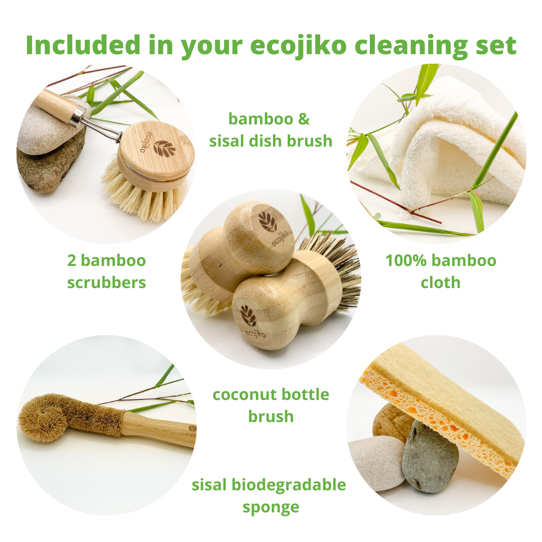 bamboo wood dish brush and two bamboo eco pot scrubbers and coconut bamboo bottle brush and cellulose sisal sponge and bamboo cloth all included in the eco ecojiko dish brush cleaning set