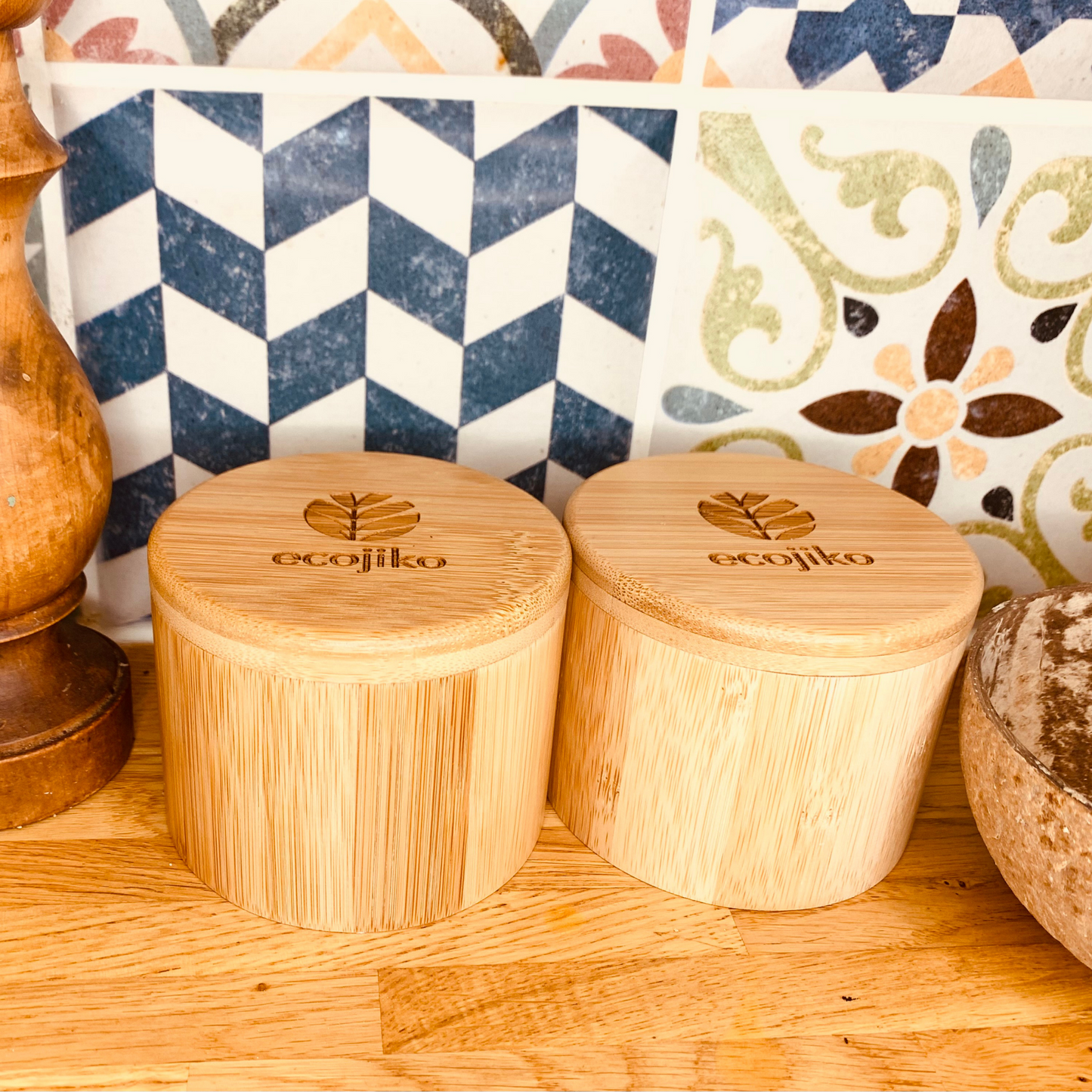 ecojiko bamboo salt spice pot in kitchen