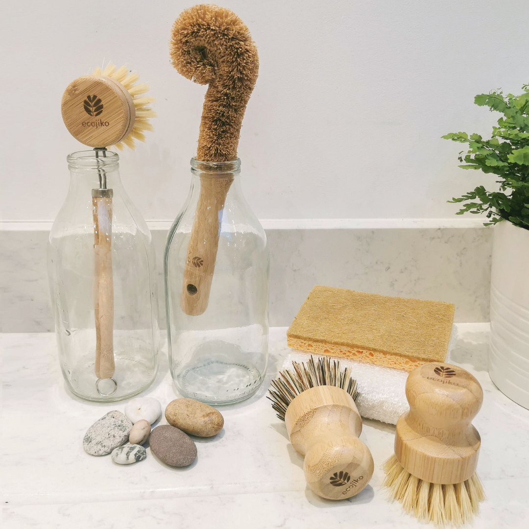 eco wood bamboo dish brush set sponge cloth ecojiko set in kitchen