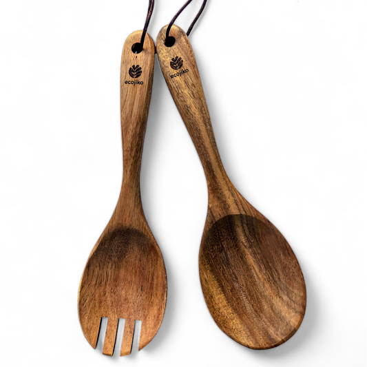 Wooden Summer Salad Servers | Sustainable Acacia Natural Food Servers with Hang Tie