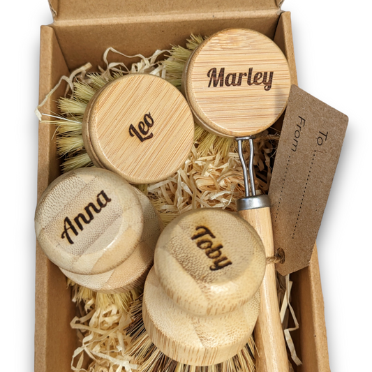 personalised eco friendly wood dish brush gift set