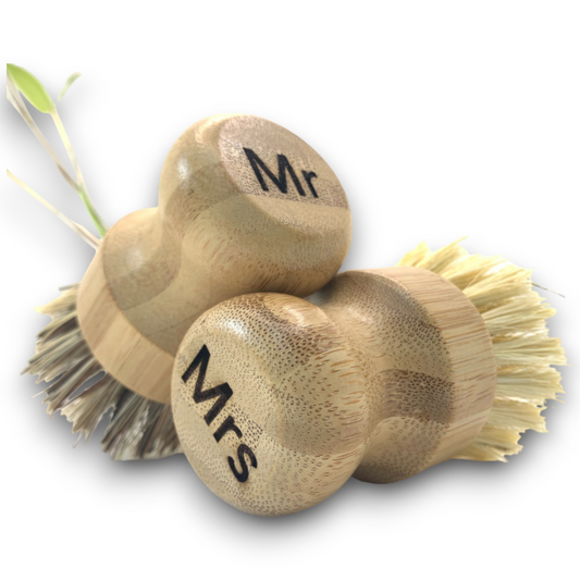 personalised eco friendly bamboo scrubbing brushes with Mr and Mrs