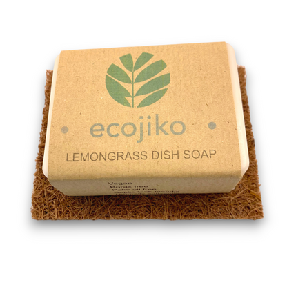 lemongrass solid dish soap on coconut coir soap rest