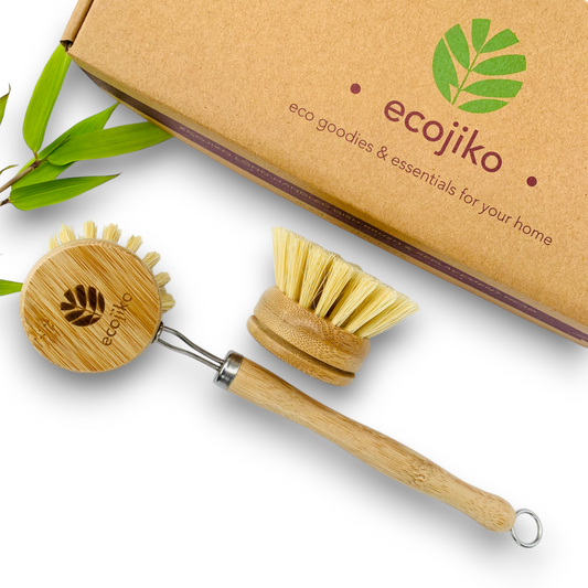 ecojiko plastic free long handled dish brush in bamboo with replacement head