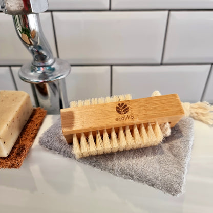 bamboo plastic free nail brush in bathroom