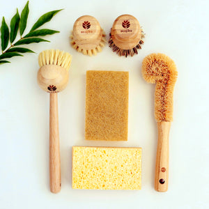 ecojiko zero waste starter kit in box with bamboo scrubbers, brushes and cellulose sponges