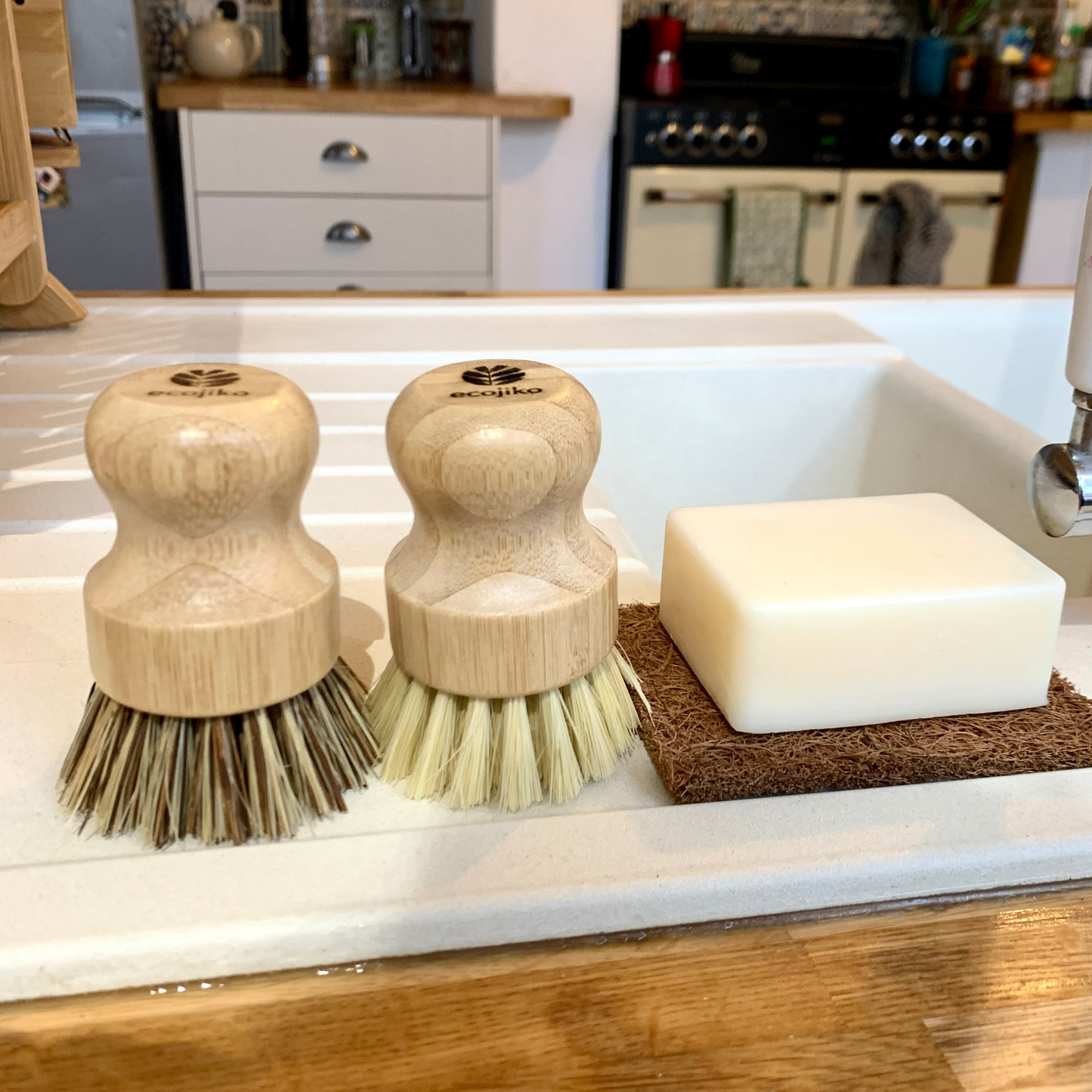 ecojiko vegan lemongrass dish soap and soap rest on kitchen sink