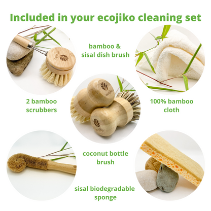 bamboo wood dish brush and two bamboo eco pot scrubbers and coconut bamboo bottle brush and cellulose sisal sponge and bamboo cloth all included in the eco ecojiko dish brush cleaning set