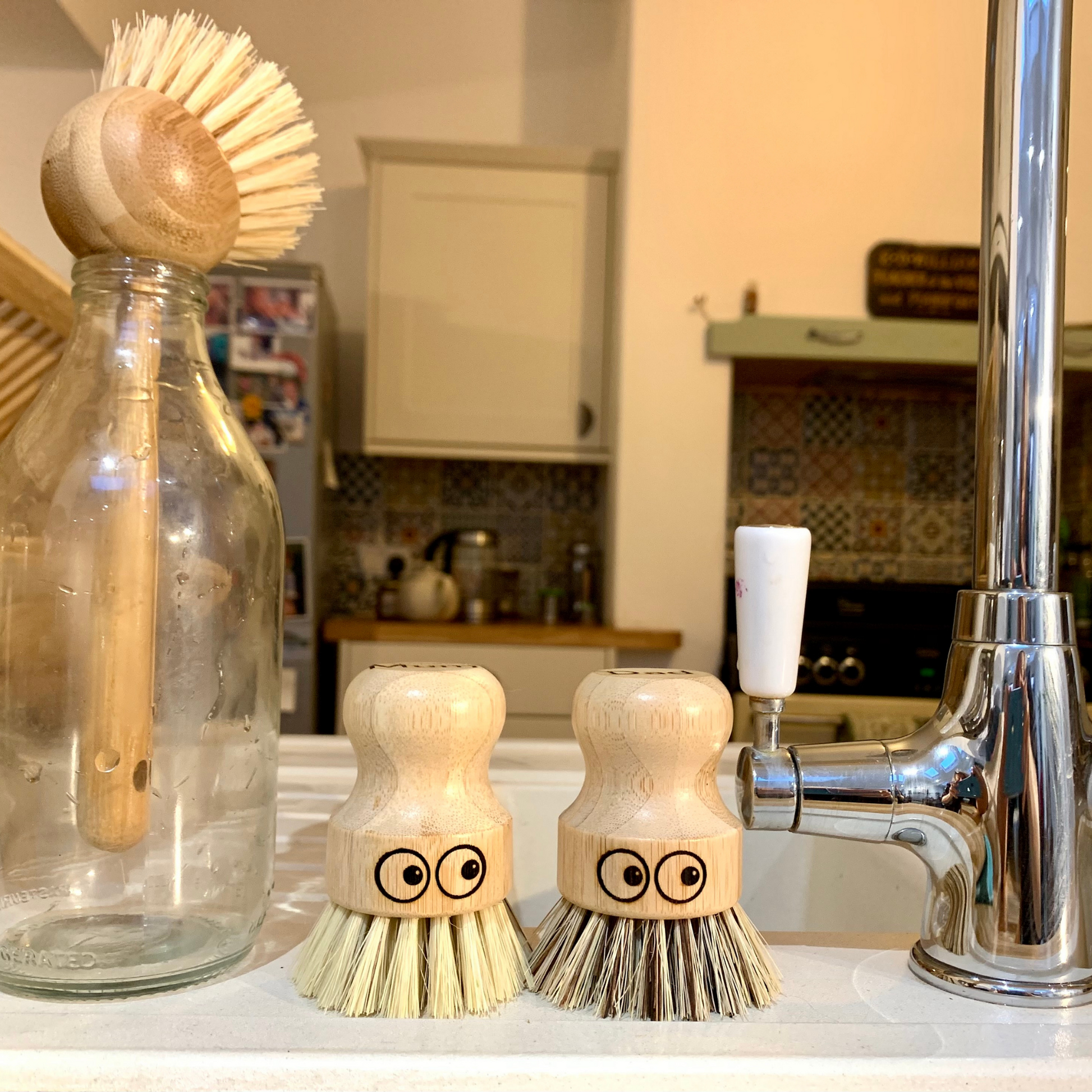 ecojiko bamboo pot scrubbing brushes with eyes in kitchen