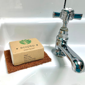 ecojiko vegan lemongrass dish soap and soap rest on sink