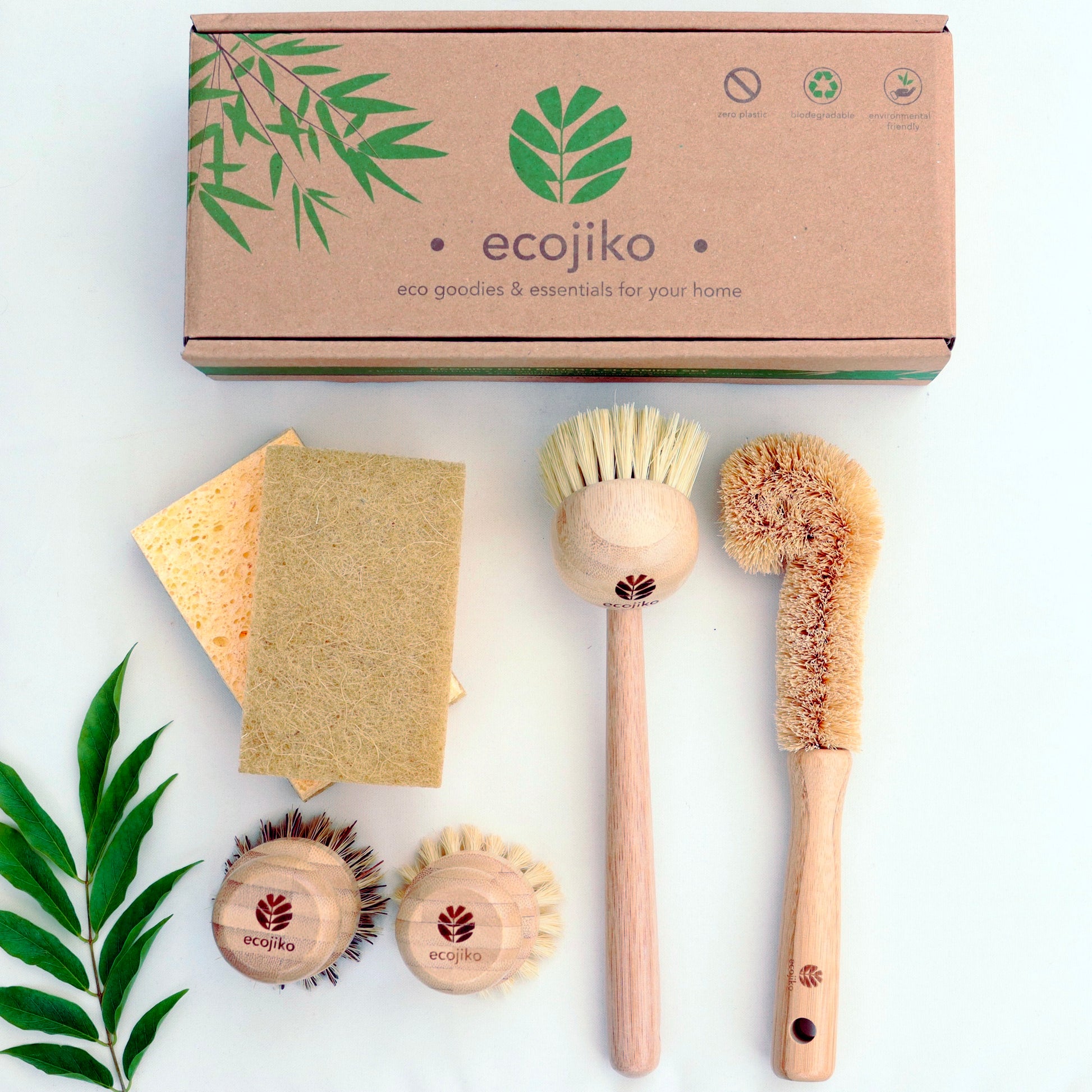 ecojiko zero waste starter kit in box with bamboo scrubbers, brushes and cellulose sponges