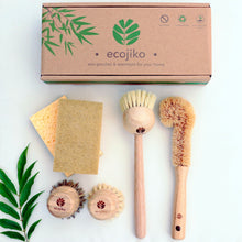 Load image into Gallery viewer, ecojiko zero waste starter kit in box with bamboo scrubbers, brushes and cellulose sponges
